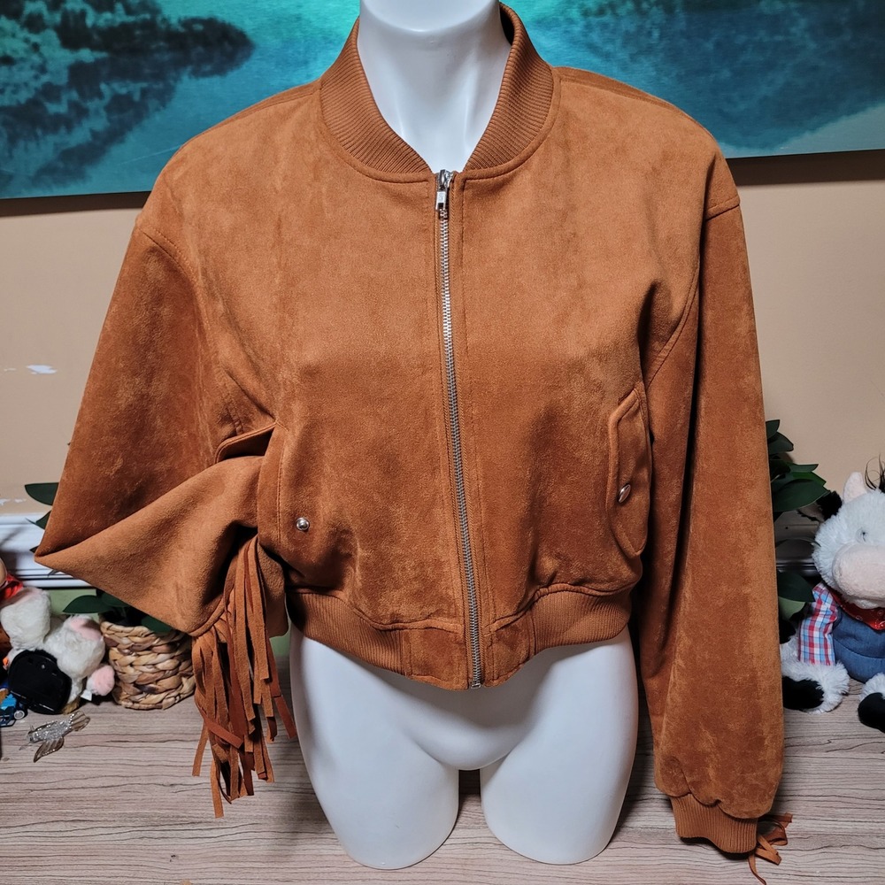 Forever 21 Women S Faux Suede Bomber Jacket Brown Fringed Cropped Zip Up Y2K 90s